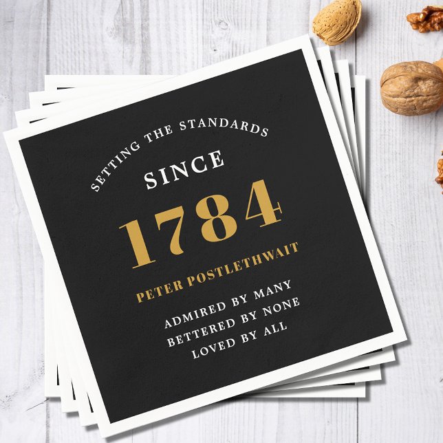 Budget Birthday-inbjudan till Svarta Guld varje år Pappersservett (Black and gold birthday party paper napkins. Easily edited text for any birthday year or age.)