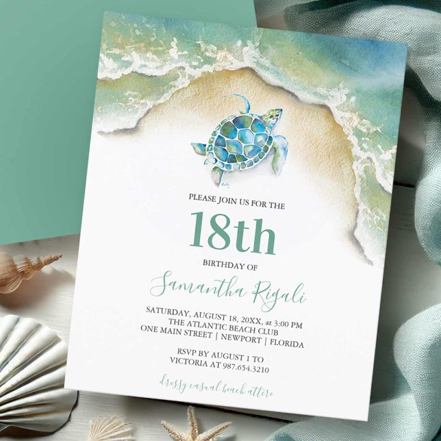 Budget Birthday Investigation Sea Turtle Flygblad (Sea turtle beach birthday invitations 18th birthday party watercolor art by Victoria Grigaliunas)