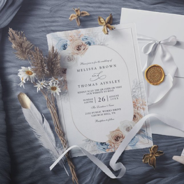 Budget Blå & Beige Boho Blommig QR-kod Bröllop Inbjudningar (Skapare uppladdad)
