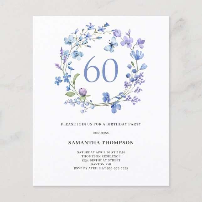 Budget Blå Blommig 60-års Födelsedagsinbjudan Flygblad (Framsidan)