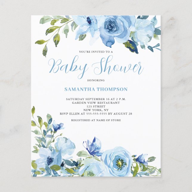 Budget Blå Blommig Baby Shower Inbjudan (Framsida)