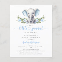 Budget Blå Blommig Elefant Baby Shower Inbjudan