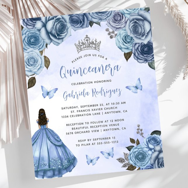 Budget Blå Blommiga Rosor Quinceañera Inbjudan (Skapare uppladdad)