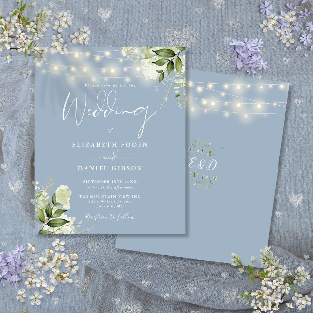 Budget Blå Blomsterlyktor Dammig Blå Bröllopsinbju (Budget Floral Lights Dusty Blue Wedding Invitation)