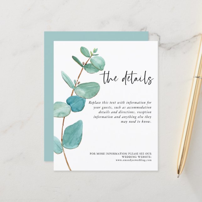 Budget Blå Eukalyptus Bröllopsinformation Detaljer (Fram/Back In Situ)
