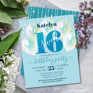 Budget Blå Glitter Sweet 16 Ballonger Inbjudan