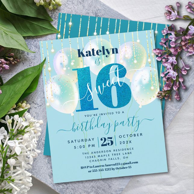 Budget Blå Glitter Sweet 16 Ballonger Inbjudan (Skapare uppladdad)