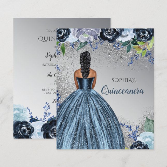 Budget blå glitterklänning Quinceañera inbjudan (Fram/baksida)