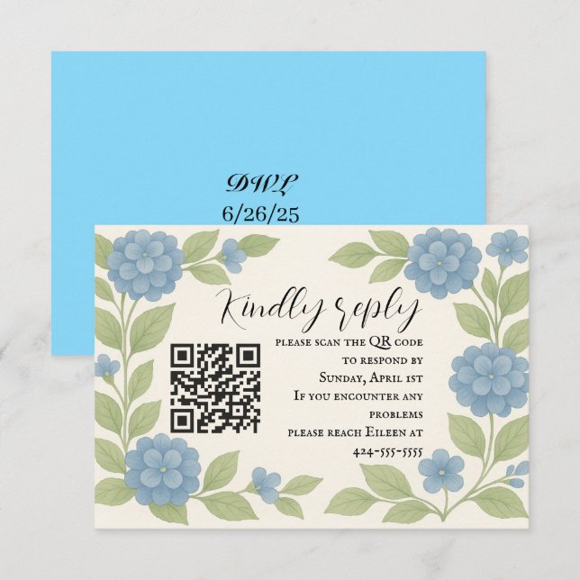 Budget Blå Hortensia QR-kod RSVP-kort OSA Kort (Fram/baksida)