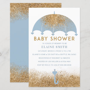 Budget blå paraply pojke baby shower inbjudan