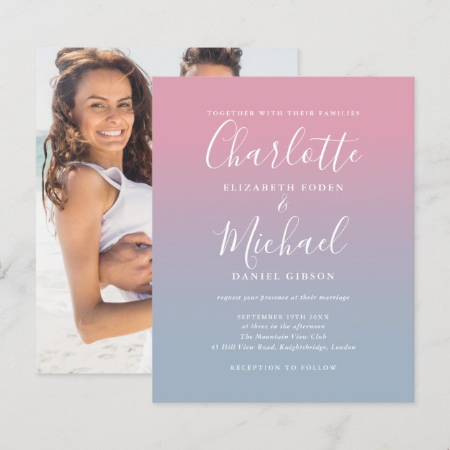 Budget Blå Rosa Ombre Foto Bröllopsinbjudan (Fram/baksida)