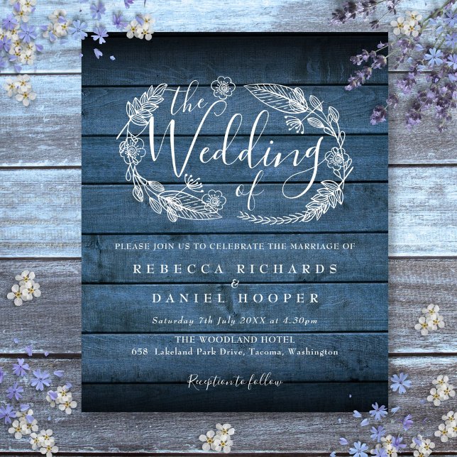 Budget Blå Rustik Träblad Bröllopsinbjudan (Budget Blue Rustic Wood Foliage Wedding Invite
)