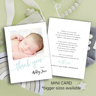 Budget blå skript foto pojke baby shower tack anteckningskort