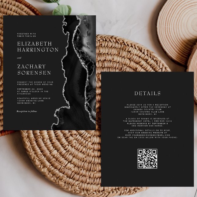 Budget Black Agate Silver QR Code Wedding bjudande (Skapare uppladdad)