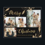 Budget Black and Guld Photo Collage julkort<br><div class="desc">Budget, Elegant, Modern Black och Guld Botanical Lövs 4 Photo Collage God jul Helgdag Card. Den här festiva, imalistiska, vimmistiska 4 (4) fotokortsmallen innehåller en söt fotokollage, faux guld foil botanical löv, winterbär och säger God jul! Texten "God jul" hälsning är skriven med ett vackert, handskrivet typsnitt i guld färg...</div>