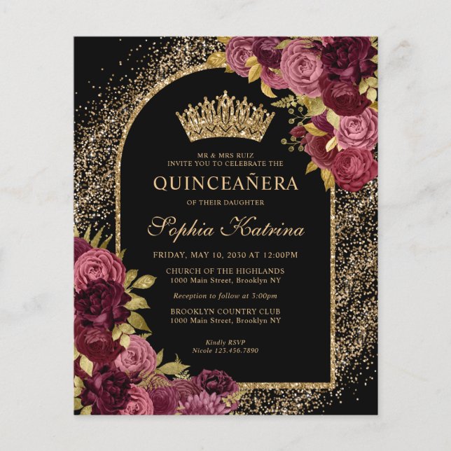 Budget Black Burgundy Glam Guld Blommigt Quinceane (Framsida)