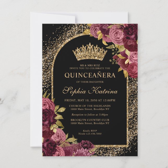 Budget Black Burgundy Glam Guld Blommigt Quinceane Anteckningskort (Framsida)