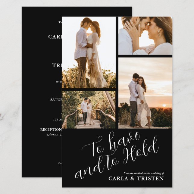 Budget Black Collage 4 fotobröllop - inbjudan (Fram/baksida)