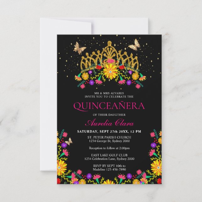 Budget Black Fiesta Blommigt Guld Tiara Quinceaner Anteckningskort (Framsida)