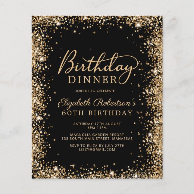 Budget Black Gold 60th Birthday Dinner Invitation (Framsida)