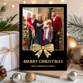 Budget Black & Gold Bow Family Christmas Photo Julkort
