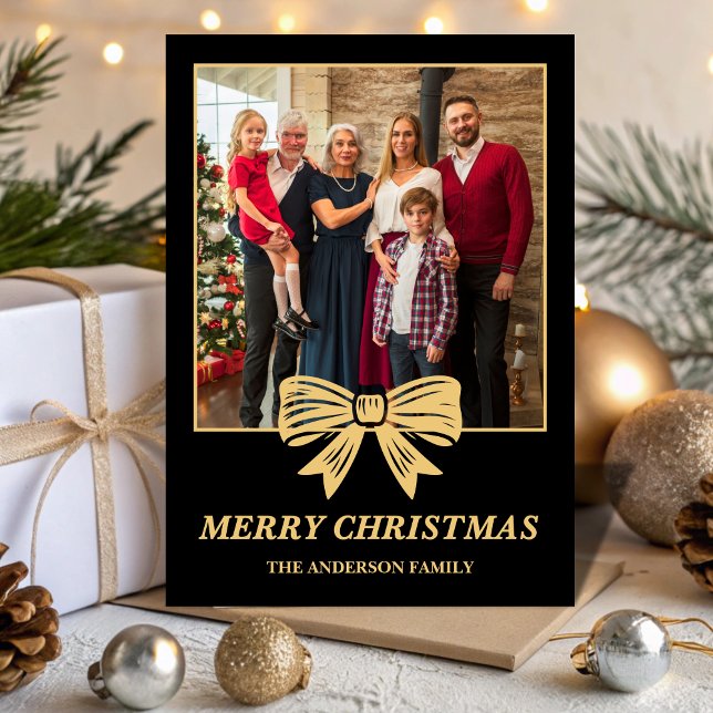 Budget Black & Gold Bow Family Christmas Photo Julkort (Skapare uppladdad)