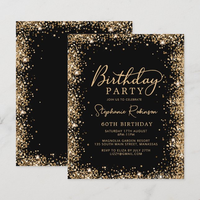 Budget Black Gold Glitter 60th Birthday Invitation (Fram/baksida)