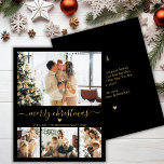 Budget Black Guld 4 Photo Collage-julkort<br><div class="desc">Budgeterad Elegant Modern Black and Guld Heart Script 4 Photo Collage God jul Script Helgdag Thin Card. Obs! Lägre än vykort! Den här festliga, minsta fyra (4) fotokortmallen har en söt fotokollage, ett litet Dodle-hjärta och säger God jul! Texten "God jul" hälsning är skriven i ett vackert, handskrivet typsnitt, svan...</div>