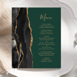 Budget Black Guld Agate Grönt Bröllop Menu<br><div class="desc">Den moderna bröllop-menyn på den lämnat kant i eleganten har en svart vattenfärgad agate gräns som trimmas med faux guld glitter. Anpassadet kombinerar handskriftsskript för guld-färgad och kopparplåt typsnitt på en mörk som framträder mot gröntens bakgrund. Den omvända sidan har en matchande svartvit och guld agate-design.</div>