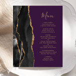 Budget Black Guld Agate Lila Bröllop Menu<br><div class="desc">Den moderna bröllop-menyn på den lämnat kant i eleganten har en svart vattenfärgad agate gräns som trimmas med faux guld glitter. Anpassadet kombinerar handskriftsskript för guld-färgad och kopparplåt typsnitt på en lila bakgrund. Den omvända sidan har en matchande svartvit och guld agate-design.</div>