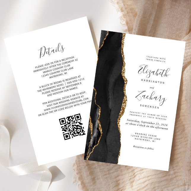 Budget Black Guld Agate QR Code Wedding bjudande i (Skapare uppladdad)