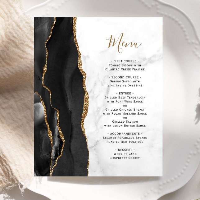 Budget Black Guld Agate White Marble Bröllop Menu (Skapare uppladdad)