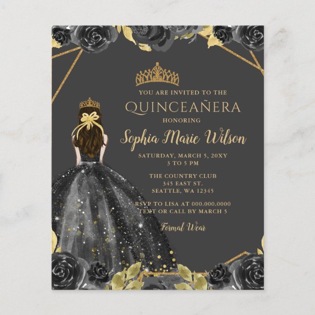 Budget Black Guld Blommigt Princess Quinceañera (Framsida)