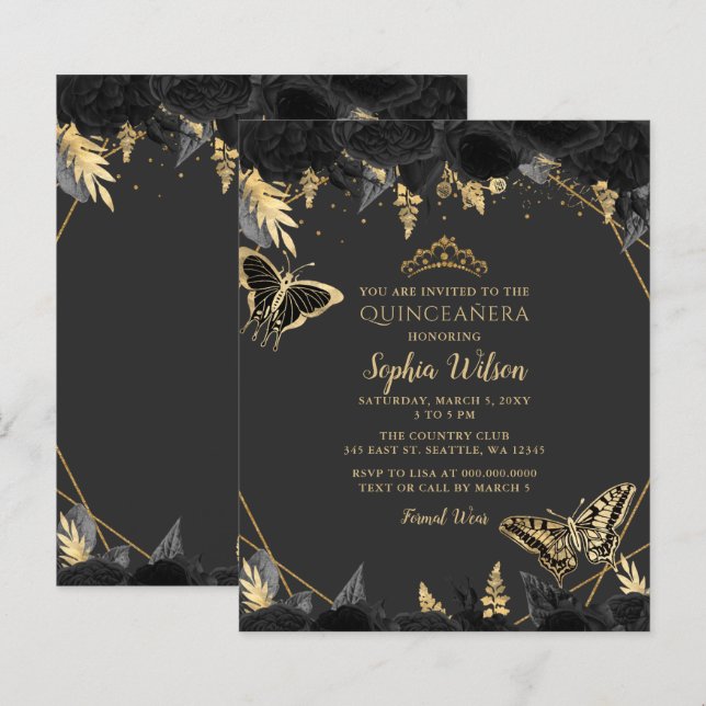 Budget Black Guld Butterfly Quinceañera-inbjudan (Fram/baksida)