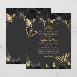 Budget Black Guld Butterfly Quinceañera-inbjudan
