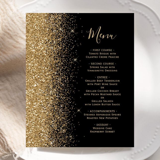 Budget Black Guld Glitter Bröllop Menu (Skapare uppladdad)