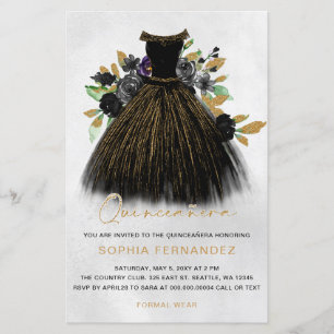 Budget Black Guld Glitter Dress Quinceañera Inbjud