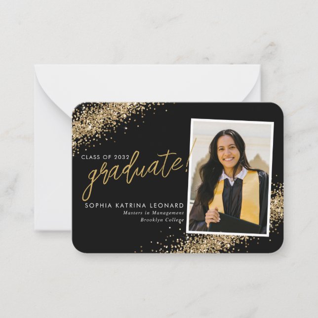 Budget Black Guld Glitter Grad Photo Studenten Anteckningskort (Framsida)