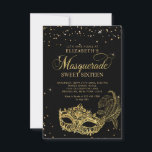 BUDGET Black Guld Glitter Masqueravaret Sweet 16 Anteckningskort<br><div class="desc">Utformningsfunktionen mousserande masken guld glitter maskerad boll med guld konetti.</div>