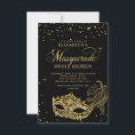 BUDGET Black Guld Glitter Masqueravaret Sweet 16 Anteckningskort<br><div class="desc">Utformningsfunktionen mousserande masken guld glitter maskerad boll med guld konetti.</div>