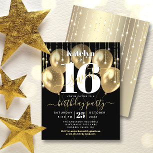 Budget Black Guld Glitter Sweet 16 bubblor Inbjuda