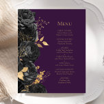 Budget Black Guld Lila Blommigt Bröllop Menu<br><div class="desc">Den här elegantens moderna bröllop-meny har en gräns av svarta blommor och guld faux foil löv. Anpassa guld-färgad kursiv text på mörkens lila. Baksidan av menyn är solid lila.</div>