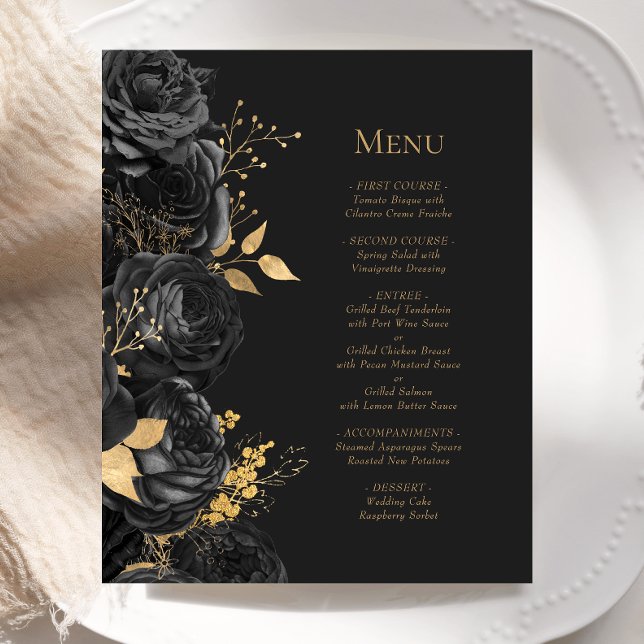 Budget Black Guld Mörk Blommigt Bröllop Menu (Skapare uppladdad)