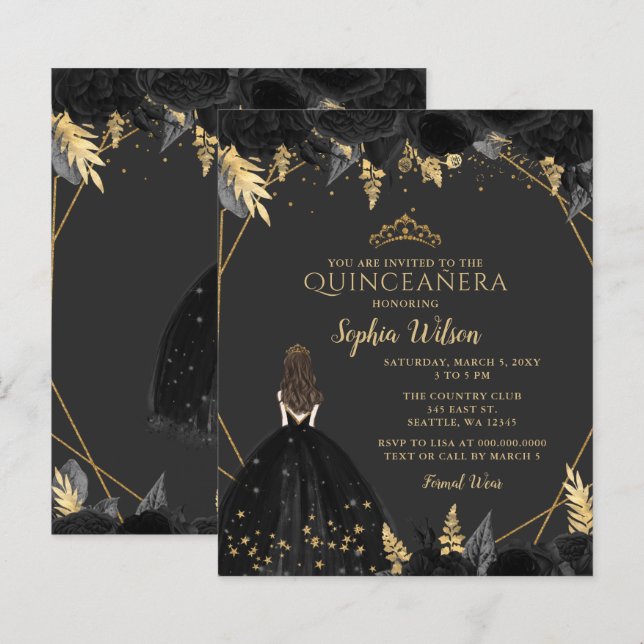 Budget Black Guld Princess Quinceañera-inbjudan (Fram/baksida)