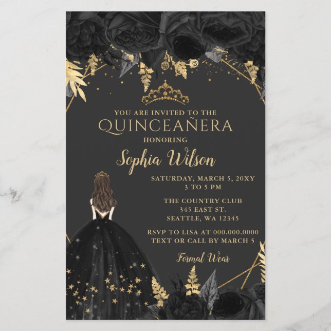 Budget Black Guld Princess Quinceañera-inbjudan (Framsida)