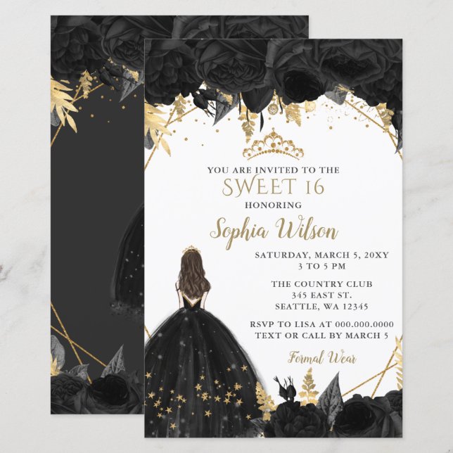 Budget Black Guld Princess SWEET 16:e inbjudan (Fram/baksida)