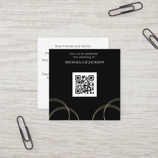 Budget Black Guld QR Code Wedding bjudande Fyrkantigt Visitkort (Fram/Back In Situ)
