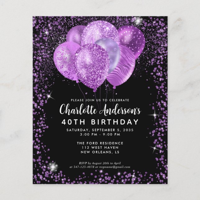 Budget Black Lila Glam Glitter Blegon Birthday (Framsida)