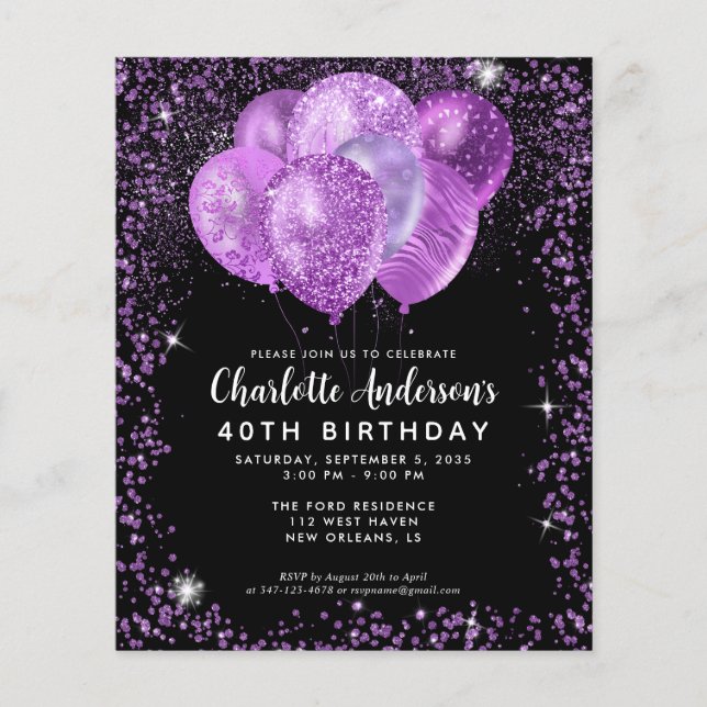 Budget Black Lila Glam Glitter Blegon Birthday Flygblad (Framsidan)