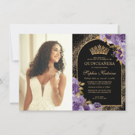 Budget Black Lila Guld Blommigt Photo Quinceanera Anteckningskort